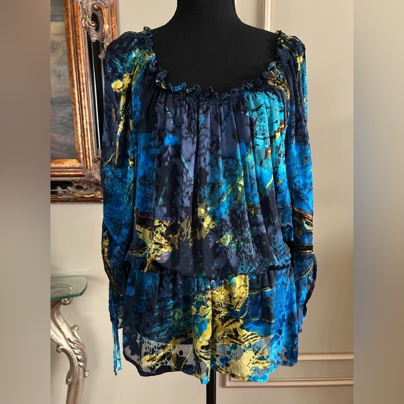 Caché Blue Abstract Silk Blend Sheer Peasant Blouse Boho Top Size Medium - Picture 2 of 5